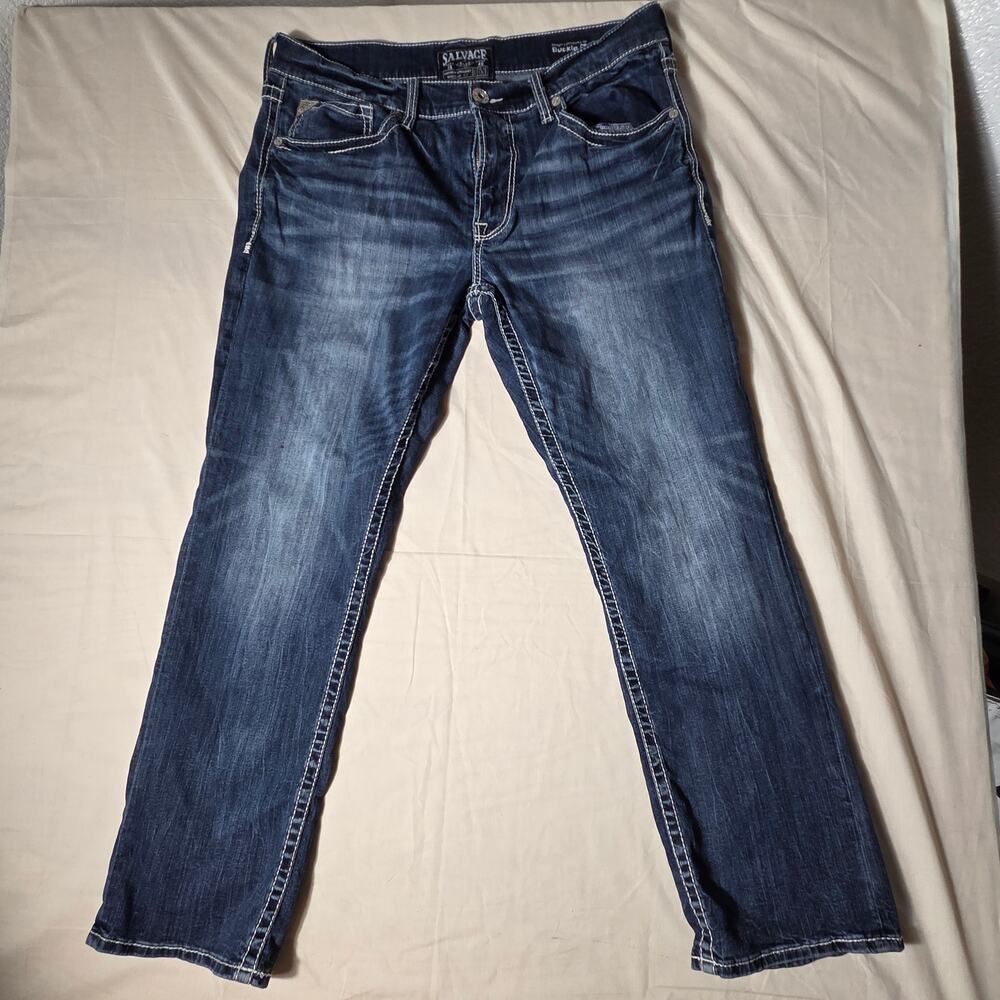 Salvage Mayhem Straight Jeans Mens 36S Blue Dark Wash Buckle Thick Stitch 36